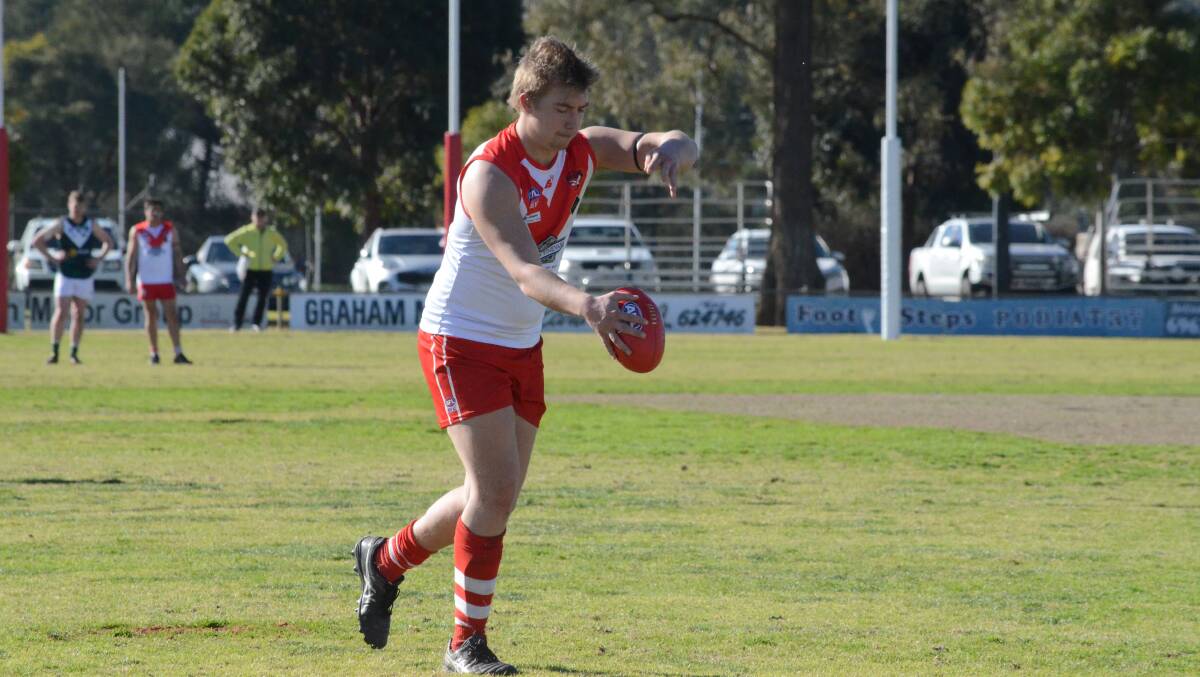 EFFORT: Nathan Richards scoring a goal for the Swans in their loss to the Coolamon Rovers last weekend. PHOTO: Monty Jacka