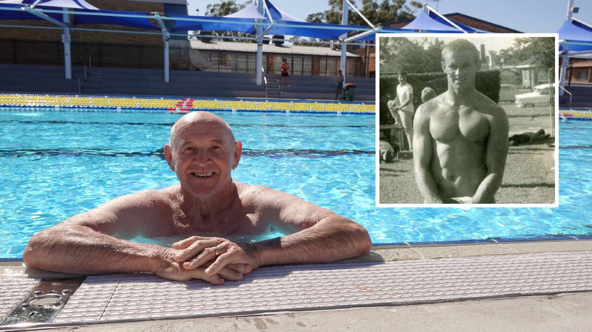 SOAKING UP MEMORIES: Modern day Kevin Farrell in the new outdoor pool, alongside a younger shot of him at the NSW Country Swimming Championships in 1962. Picture: Monty Jacka & Supplied.
