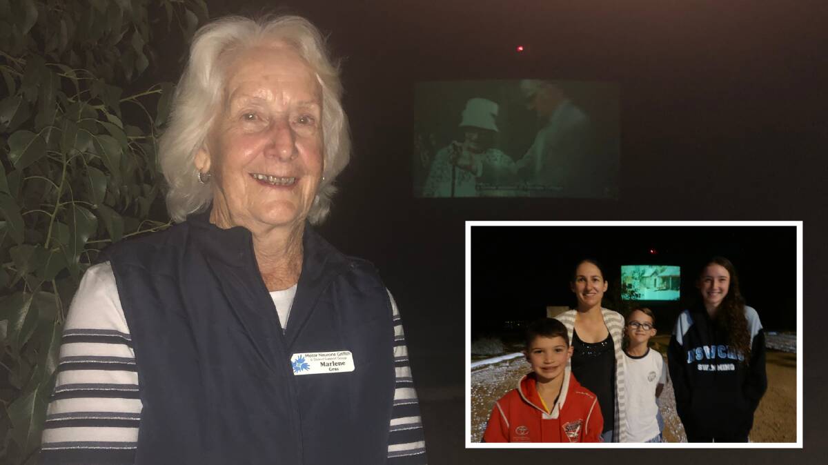 THROWBACK: Long-term Griffith resident Marlene Gras enjoyed remembering what Griffith was like back in the day, while (inset) Ryan, Tammee, Jake, and Sophie Suine also checked out the projection. Photos: Monty Jacka.