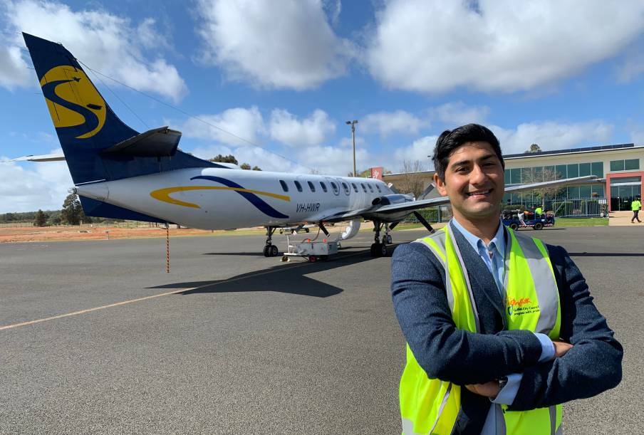 POTENTIAL UPGRADE: EastWest Airlines business analyst Mohan Korber on the runway at Griffith Regional Airport. PHOTO: Jacinta Dickins