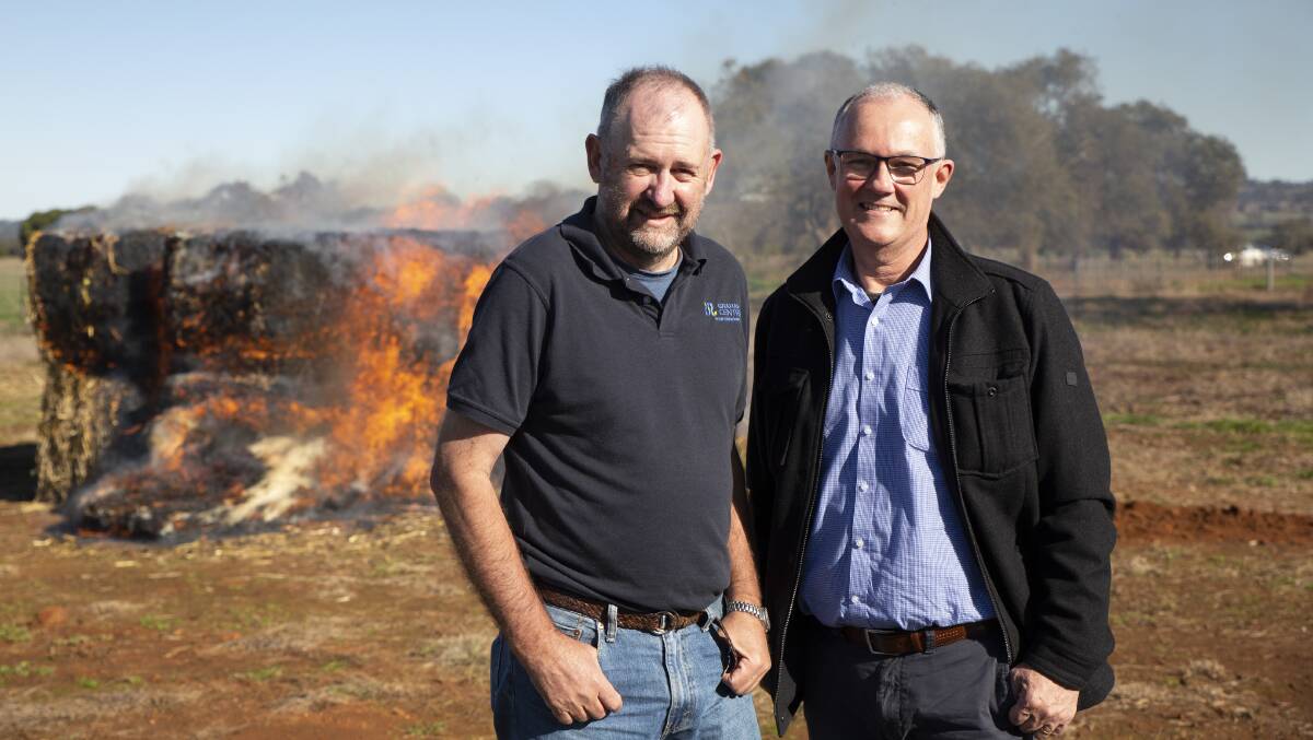 HEAT: Charles Sturt University researcher Dr John Broster and Myriota's Paul Sheridan are collaborating on the spontaneous haystack combustion research project. PHOTO: Madeline Begley