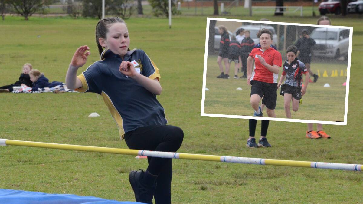 ATHLETES: Weethalle Public School's Isabel Caldow competing in the high jump and Griffith North Public School's Sean Smart (inset) running his heart out in the 100 metre sprint. PHOTOS: Monty Jacka