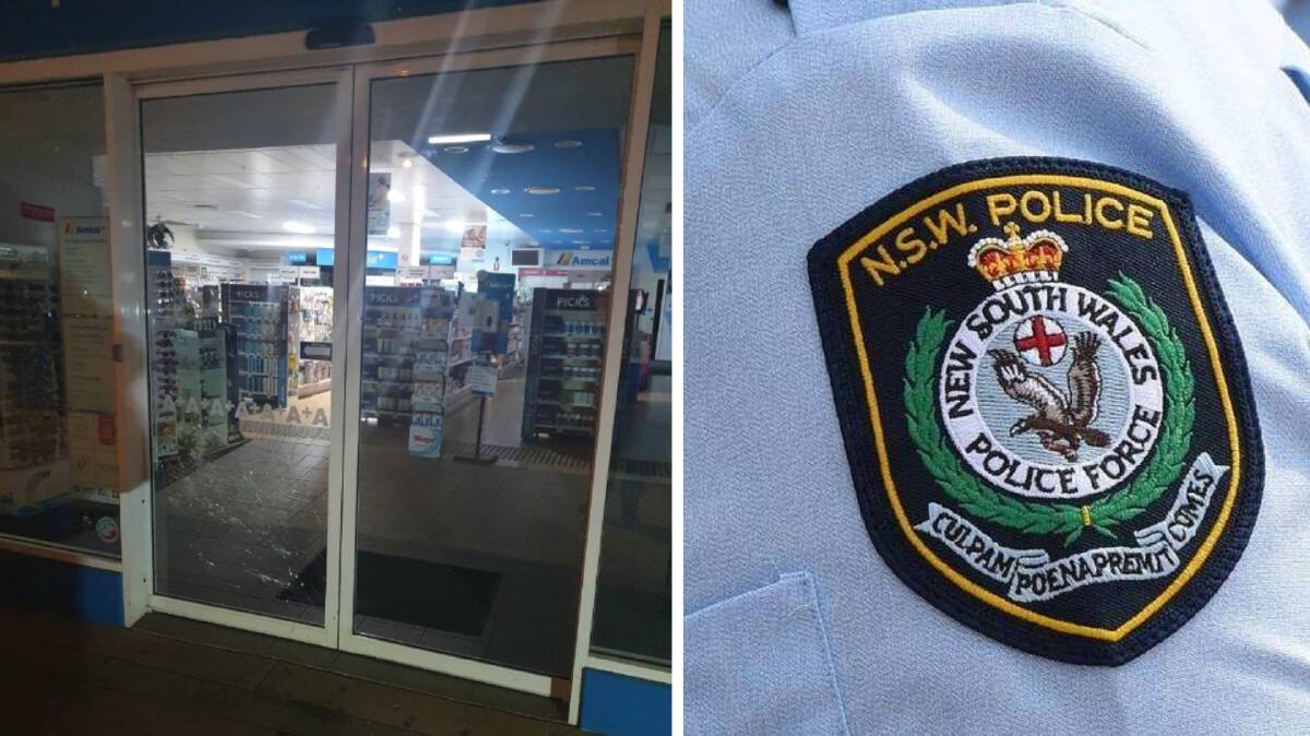 CRACKED: The front door to the Pat Zirilli Amcal Chemist was left cracked after the man allegedly swung a sledgehammer at it multiple times early on Tuesday morning. PHOTO: Supplied.