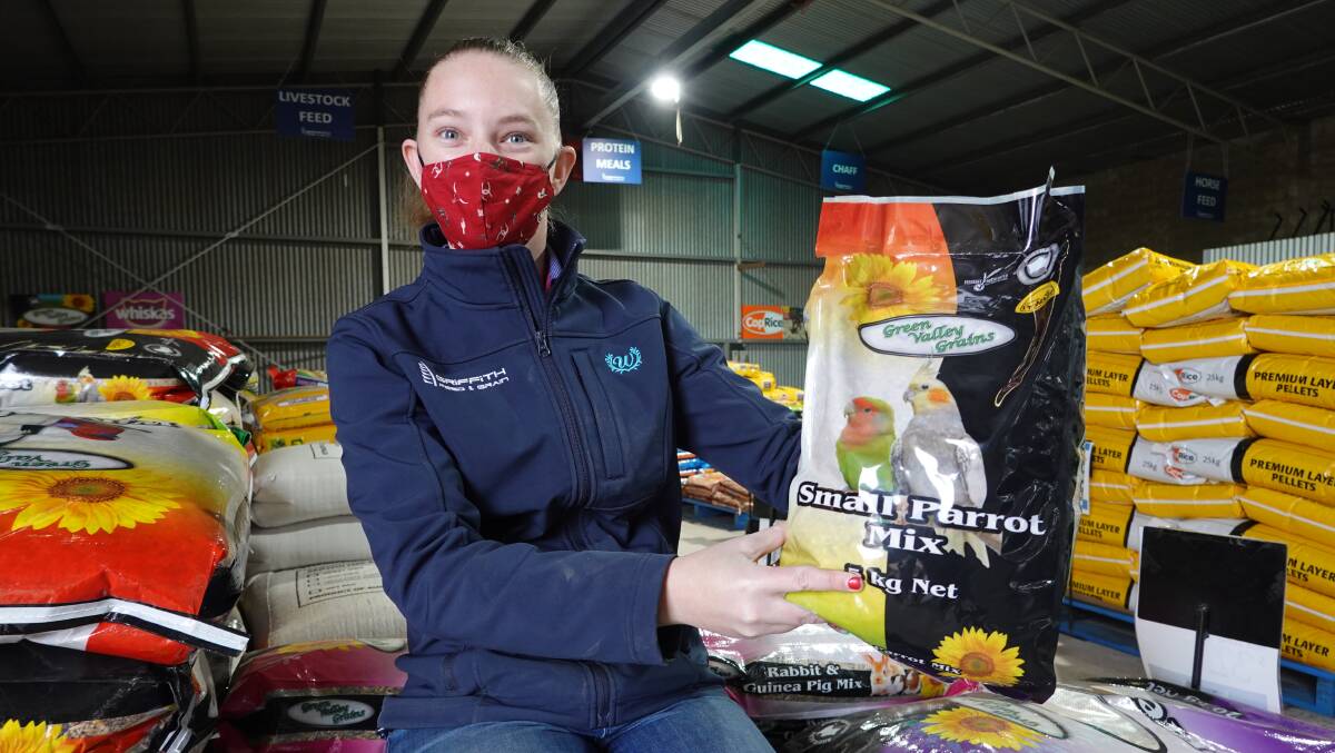 SEEDS TO GO: Griffith Feed and Grain's Nicolette Trounson with some of the business' stock, which can know be delivered straight to customer's farms. PHOTO: Monty Jacka