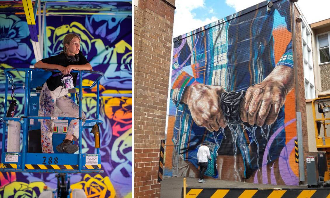 George Rose with one of her 2020 murals and Reubszz with one of his past works. PHOTOS: Shannyn Higgins and Supplied. 