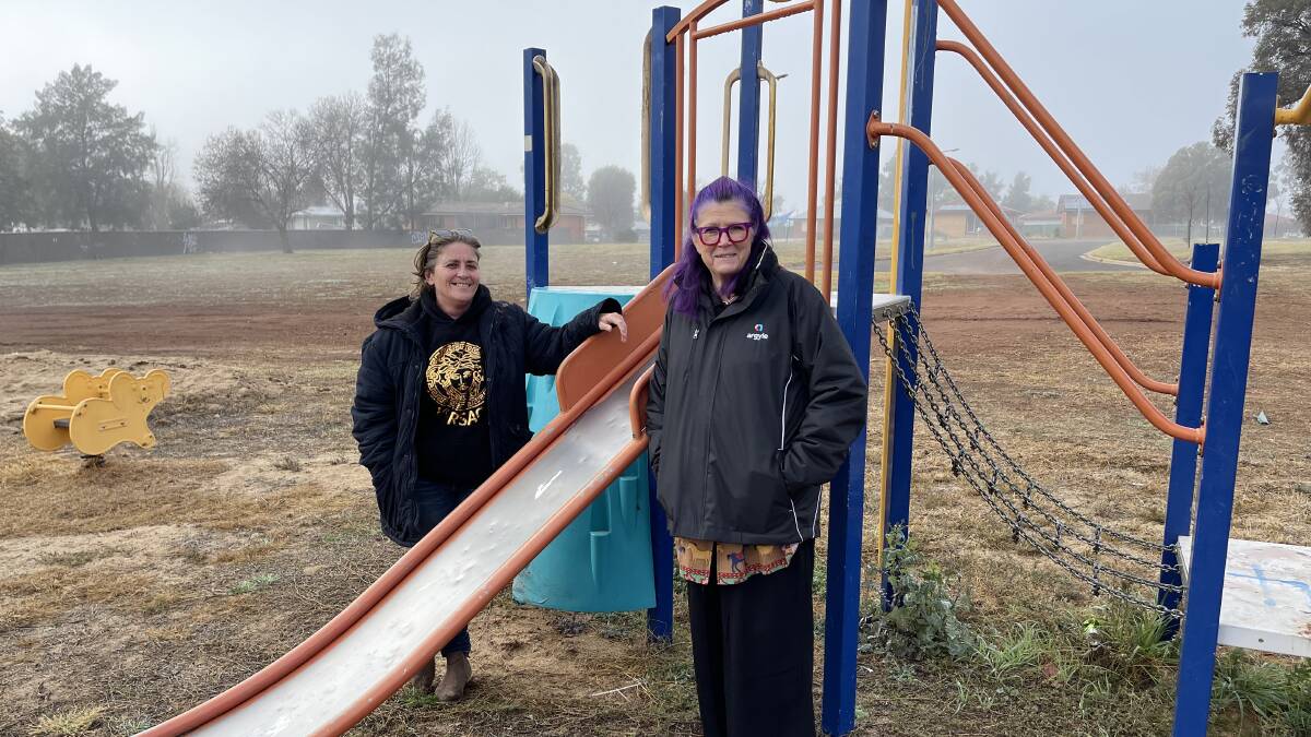 Pioneer resident Leonie Kawelmacher and Argyle Housing's Wendy Middleton by the existing Dave Taylor Park playground. PHOTO: Contributed.