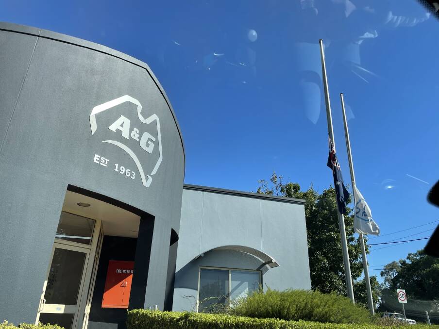 The flags outside of A&G Engineering in Griffith flew at half-mast on Monday to commemorate Lionel Irving's passing. Photo: Supplied.