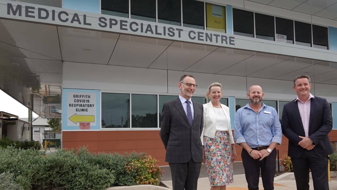 Member for Farrer Sussan Ley, deputy mayor Simon Croce, with Riverina Cancer Care chairman Tony Noun (left) and managing director Damien Williams (right) at the announcement of the upcoming radiotherapy centre on Friday, February 12. Photo: Monty Jacka