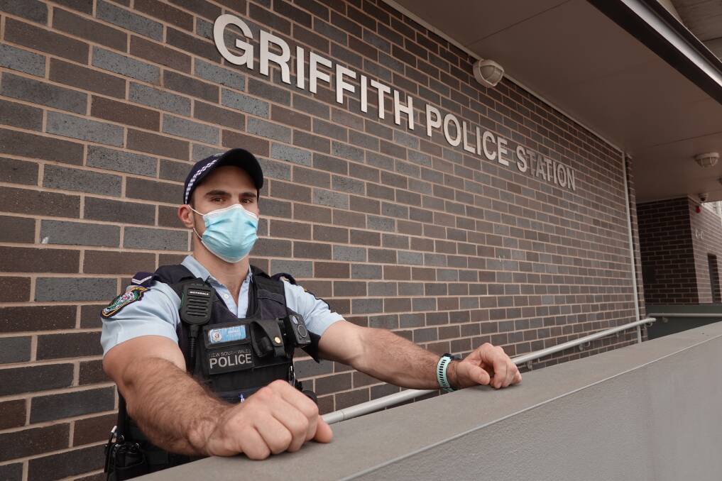 MASK UP: Patrick Clapin is among the Griffith police officers enforcing 'Operation Stay at Home' across the region this week. PHOTO: Monty Jacka