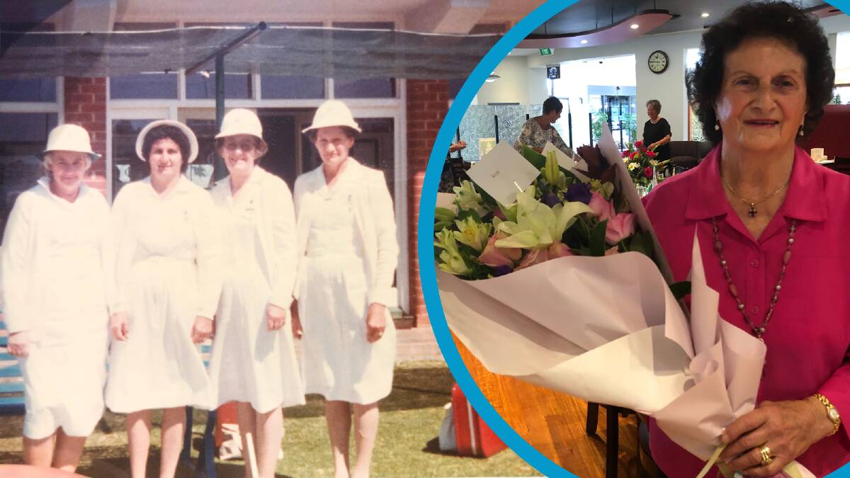 FORTY YEARS ON THE LAWN: May Smith, Rose Bonaventura, Myer Gregory and Daphne Power in the early years of the Exies Womens Bowling Club. And Rose Bonaventura at the commemorative luncheon for her 40 years of membership at the club. PHOTO: Monty Jacka