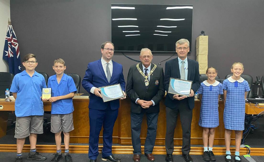 AWARD-WINNERS: Students Presley Young, Flynn Bunn, teacher Rhys Thomas, mayor John Dal Broi, principal Andrew Pryor, and students Lilly Malone and Josephine Schmetzer. Photo: Supplied. 