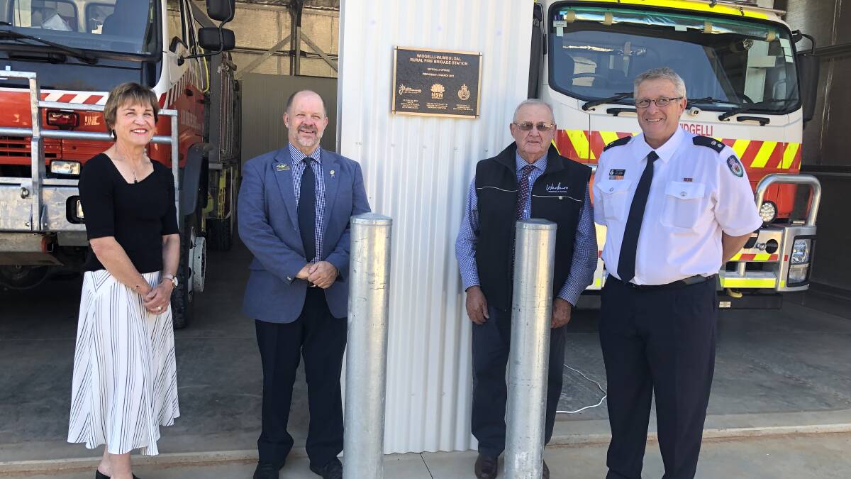 Member for Murray Helen Dalton, Leeton deputy mayor George Weston , Griffith mayor John Dal Broi and NSW RFS acting area commander Paul Jones at the opening of the fire station. Photo: Supplied.