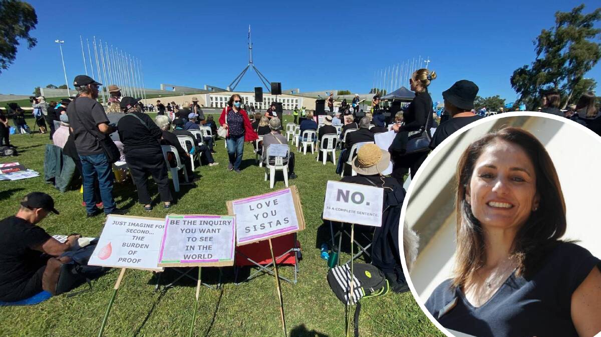 ENOUGH IS ENOUGH: Griffith woman Sonia Casanova (inset) praised the thousands who gathered outside Parliament House to demand gender equality today. Photos: Karleen Minney and Hannah Higgins.
