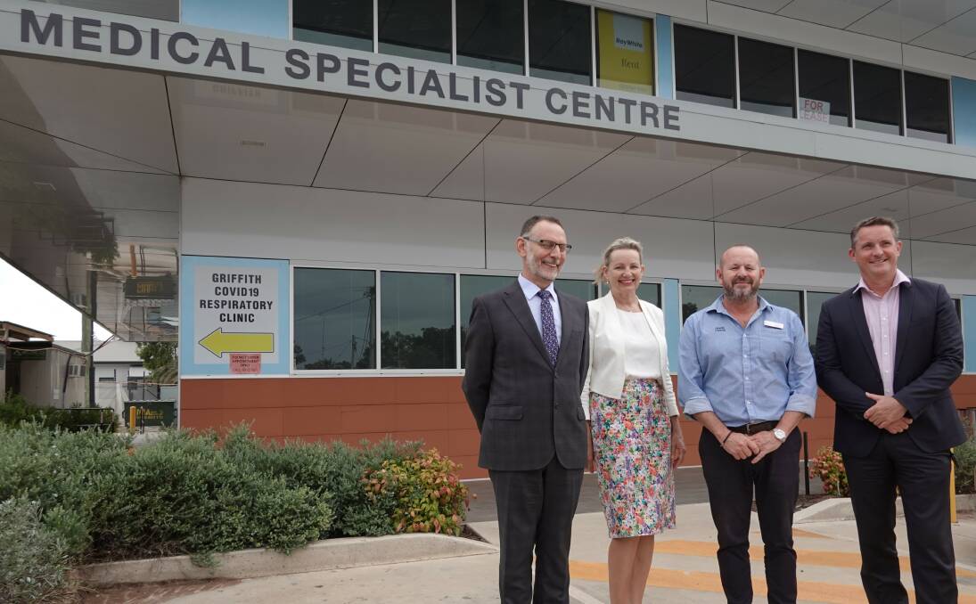 DELIGHTED: Riverina Cancer Care chairman Tony Noun, Member for Farrer Sussan Ley, Griffith deputy mayor Simon Croce, and Riverina Cancer Care managing director Damien Williams at the Griffith Medical Specialist Centre where the long-awaited service will be set up. Picture: Monty Jacka.