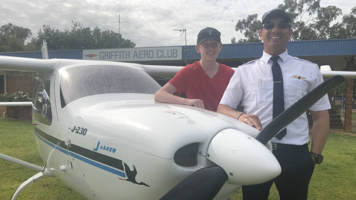 GROWING HIS WINGS: Jay Turkington with Senior Pilot Instructor Dan Sotgia, aside the Jabiru J-230 which Jay hopes to take to the skies solo next year. PHOTO: Monty Jacka