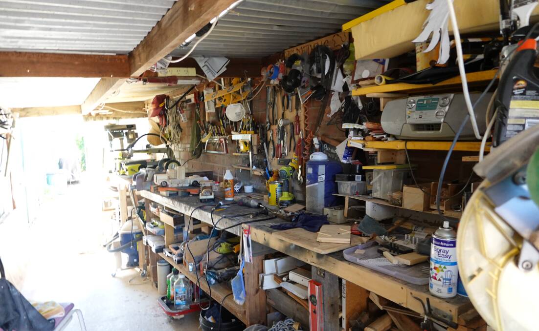The shed where Mr Matthews spends most of his day, hammering and grinding as he creates the pieces. PHOTO: Monty Jacka