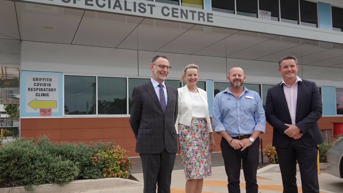 ANNOUNCED: Cancer Care chairman Tony Noun, Member for Farrer Sussan Ley, Griffith deputy mayor Simon Croce and Riverina Cancer Care managing director Damien Williams at the announcement of the radiotherapy centre in February. PHOTO: Monty Jacka