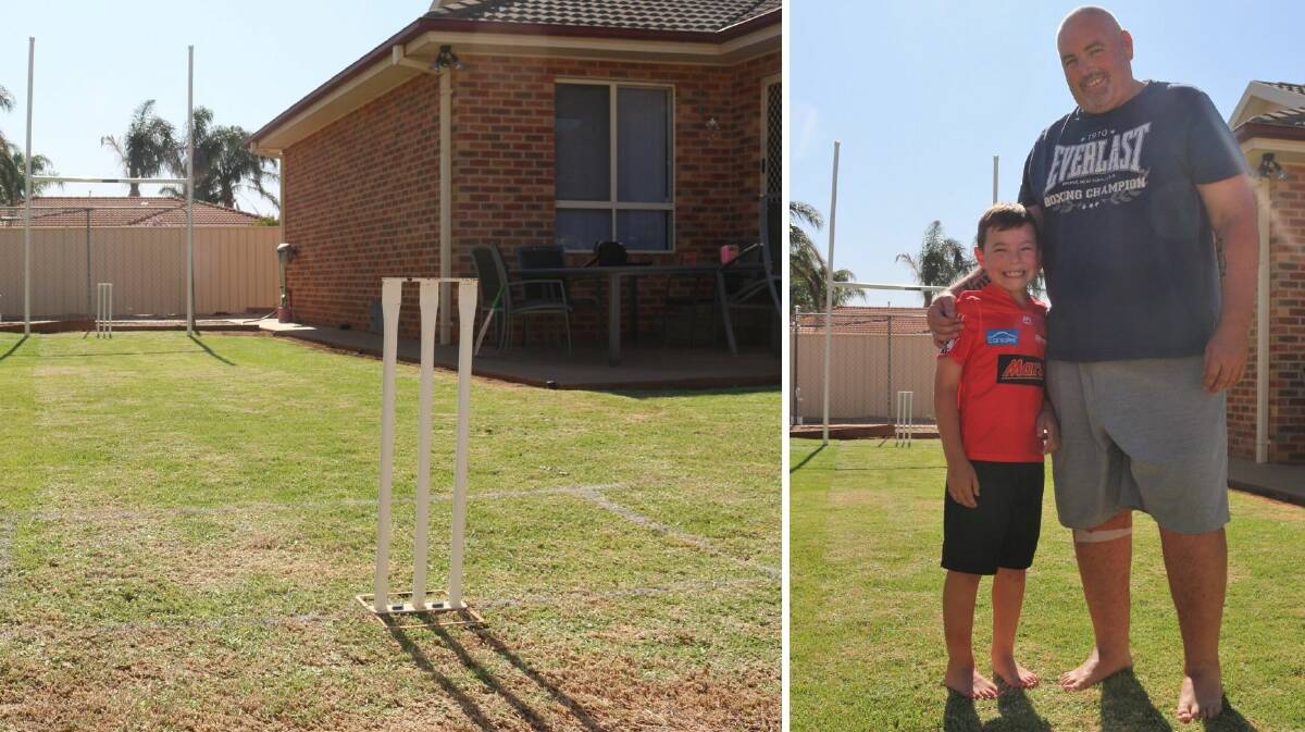 HOWZAT: Peter Taprell (right) added a set of rugby goalposts and a cricket pitch to his backyard for his sports-mad son Josh (left). PHOTOS: Calhan Behrendt
