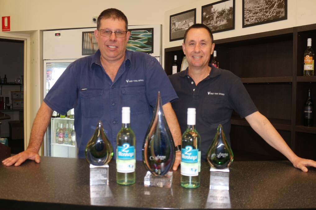 Dee Vine Estate winemakers Danny Toaldo and Moreno Chiappin said consistency is key for their 2 Monkeys Moscato claiming three straight trophies at the Australian Inland Wine Show Moscato Challenege. PHOTO: Calhan Behrendt
