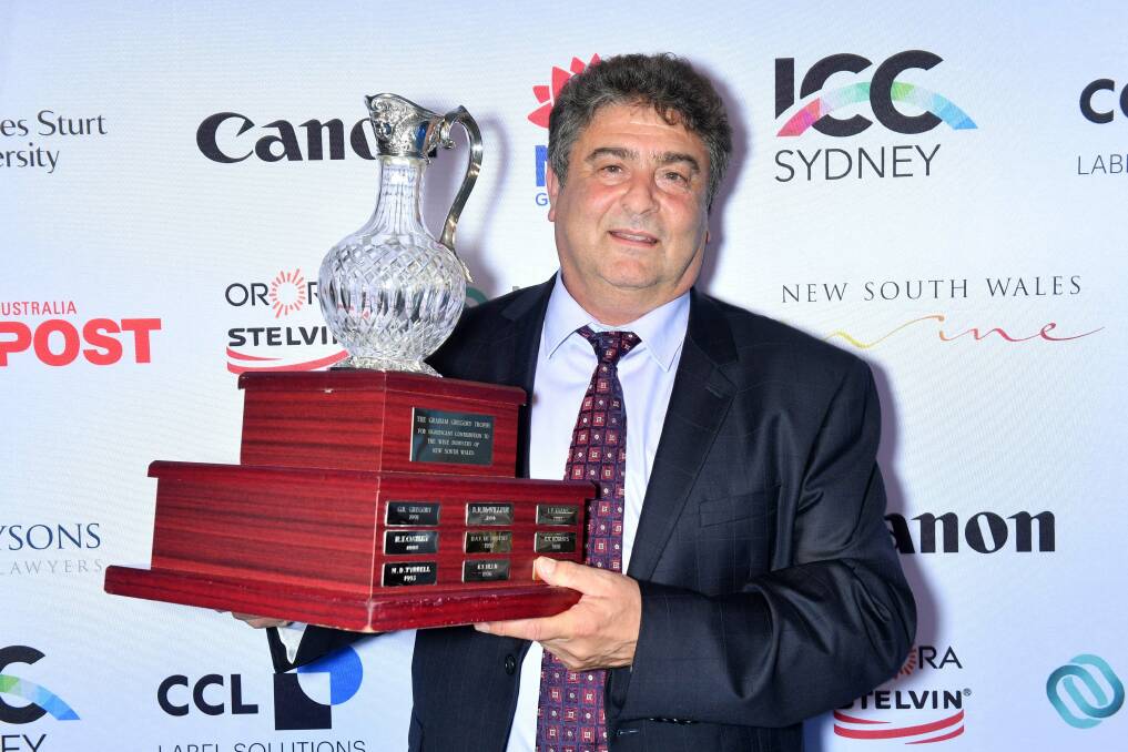HONOURED: John Casella claims the Graham Gregory Award for services to the NSW wine industry at the 2019 NSW Wine Awards. PHOTO: Supplied