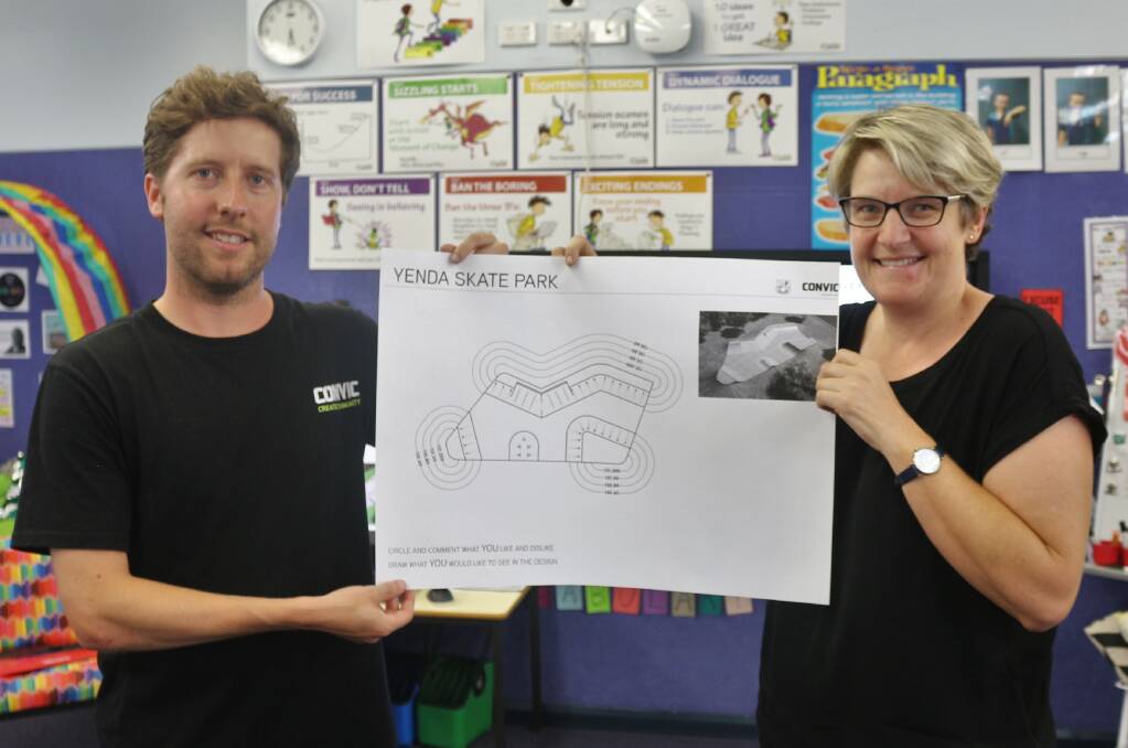 MOVING FORWARD: Convic architect Angus Thomas and Ann Furner with the draft plan for the proposed Yenda Skate Park in Memorial Park. PHOTO: Calhan Behrendt