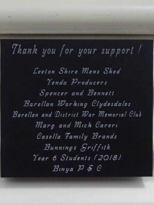 A plaque affixed to the side of the cubby house thanking the members of the community and businesses.