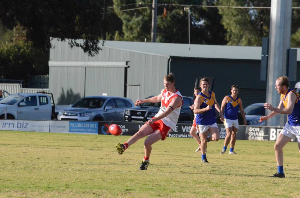 FLYING HIGH: Griffith's Jacob Conlan (here in action against Narrandera Eagles) leads the goal-scoring charts this season with 49 goals, including two last Saturday against Leeton-Whitton. PHOTO: Liam Warren