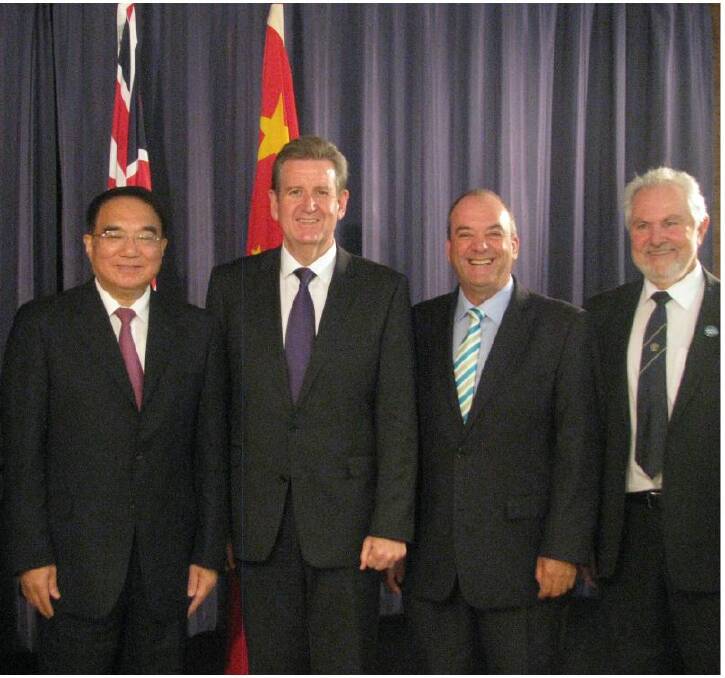 EVENT: Secretary of the Liaoning province Wang Min, then-premier Barry O'Farrell, then-Wagga MP Daryl Maguire and then-Wagga mayor Rod Kendall at a 2012 ceremony for the Wagga International Trade Centre proposal. Picture: ICAC