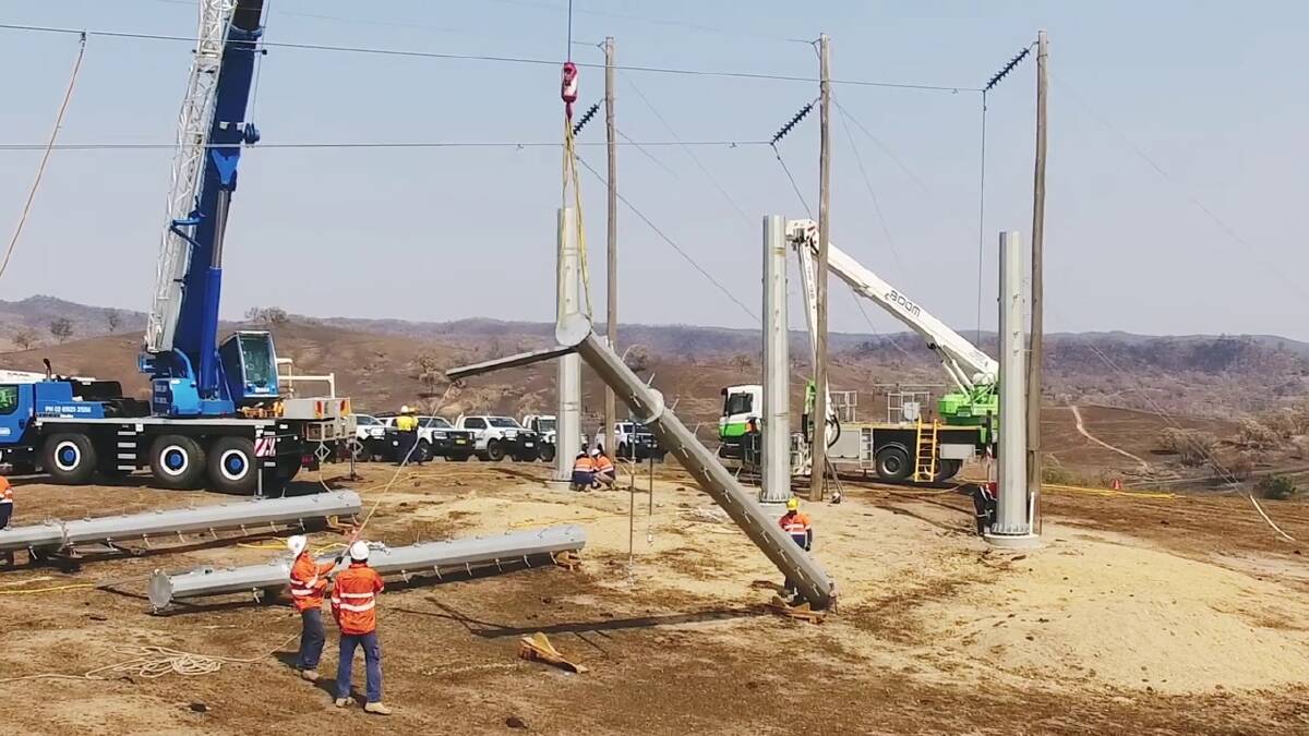 Construction for a high voltage transmission line similar to the proposed TransGrid EnergyConnect. Picture: TransGrid