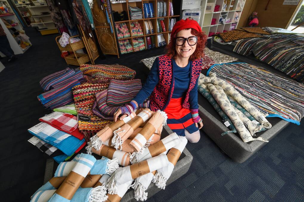 RECYCLED: Trudy Walsh from Vinnies Lavington with the re/CYCLE range which is made from donated items that can't be sold and is now available at the op-shop. Picture: MARK JESSER