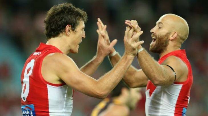 Turning point: Veteran Jarrad McVeigh (right) believes the Swans have the list to compete with the big sides this season.  Photo: Anthony Johnson