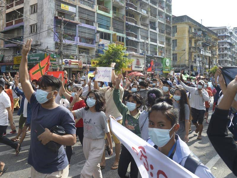 Anti-coup protesters have marched against Myanmar's military rulers in Yangon.