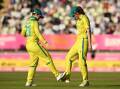 Tahlia McGrath (R) and Australian teammate Jess Jonassen celebrate a wicket during the T20 final. (Dave Hunt/AAP PHOTOS)