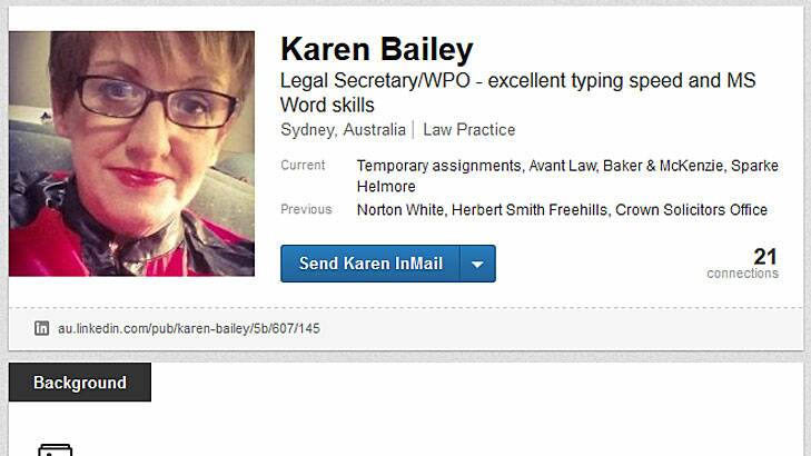The LinkedIn profile of Karen Bailey, who has been outed as the woman engaging in a racist rant on a NSW train.