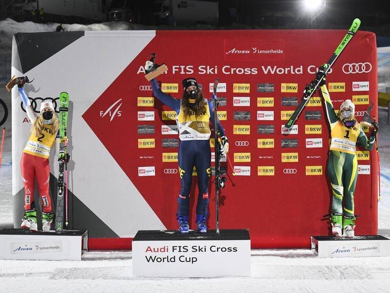 Australian ski cross racer Sami Kennedy-Sim (R) claimed bronze in a FIS World Cup event in Arosa.