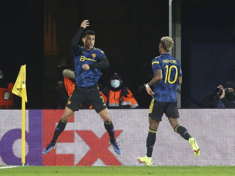 Cristiano Ronaldo celebrates his goal in Manchester United's Champions League win at Villarreal.