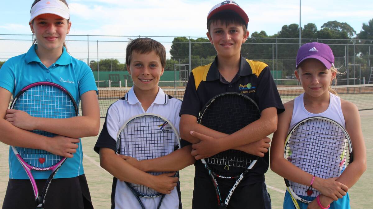 Elise Townsend (11), Ben Mahlknecht (11), Brady Clifford (10) and Airlee Savage (10) will represent the Riverina Public Schools Sports Association team at the state tennis carnival in May. Absent: Natalie Gibbs (11)  