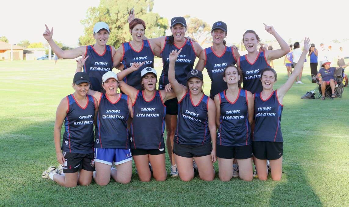 TOO GOOD: The Snows Excavations side celebrates their women's division one grand final win over East Griffith Pharmacy.