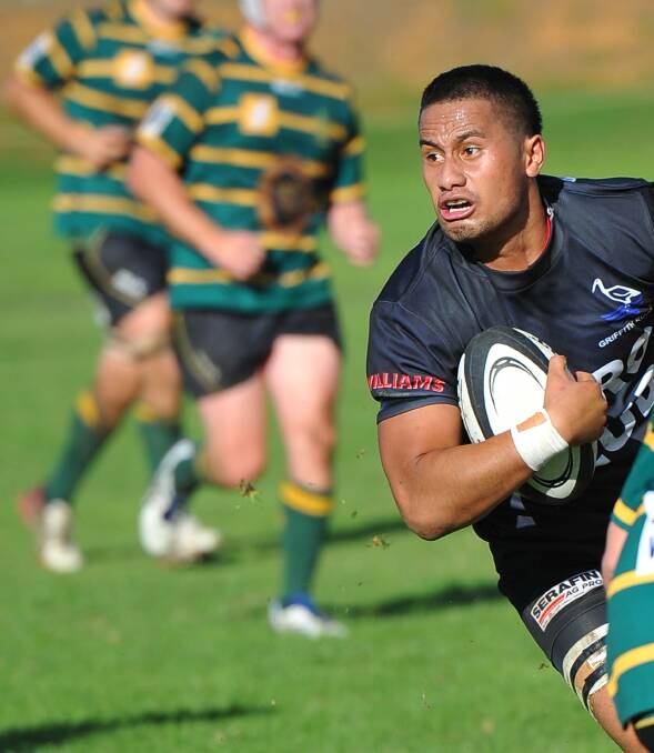 ON THE MOVE: Griffith's Vaea Mateo takes the ball up for the Blacks against Ag College last weekend.