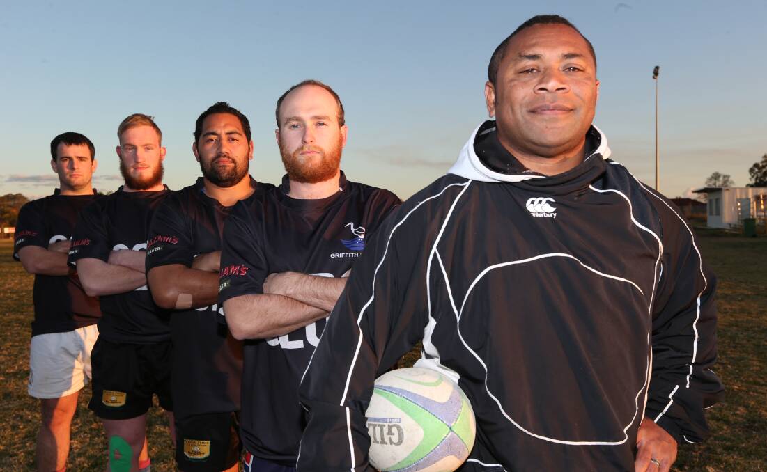 CONFIDENT: (From left) Griffith Blacks players Nicholas Gleeson, Andries de Meyer, Leon Tiere, Andy Arnold and coach Seru Rogo are feeling good about their
team’s chances in the SIRU grand final against Albury.