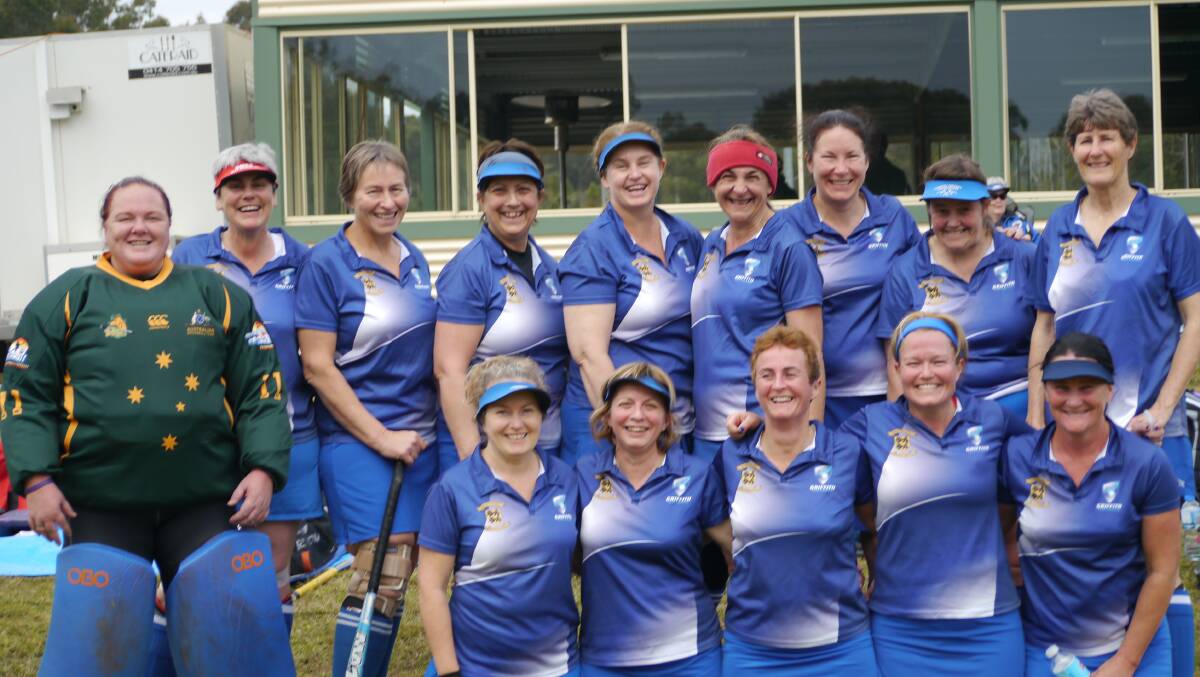 WINNERS: The Griffith Nonnas were joint winners of their division at the masters hockey state championships. 
Back from&#7;left: Meagan McPhee, Maria Tuesner, Lorraine Maxwell, Carmel Bodger, Sharon Lowe, Donna Jackson, Toni Howard, Linda Fitzgerald, Sue Hardie. Front from left: Gail Colling, Paula Blomfield, Fiona Shield, Jude Hayman, Karen Johnston.