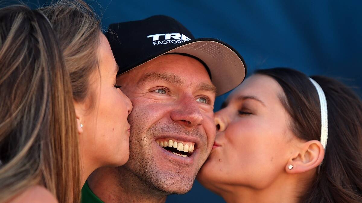  Jens Voigt of Trek Factory Racing celebrates on stage after being presented with the Most Competitive Rider jersey during Stage Five of the Tour Down Under. Photo: Getty.