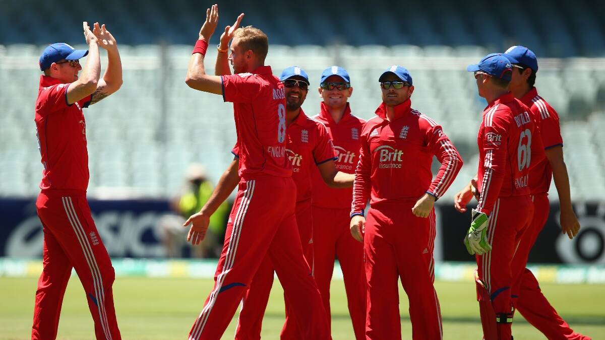 Stuart Broad of England celebrates taking the wicket of Aaron Finch of Australia during game five of the One Day International Series between Australia and England. Picture: Getty.