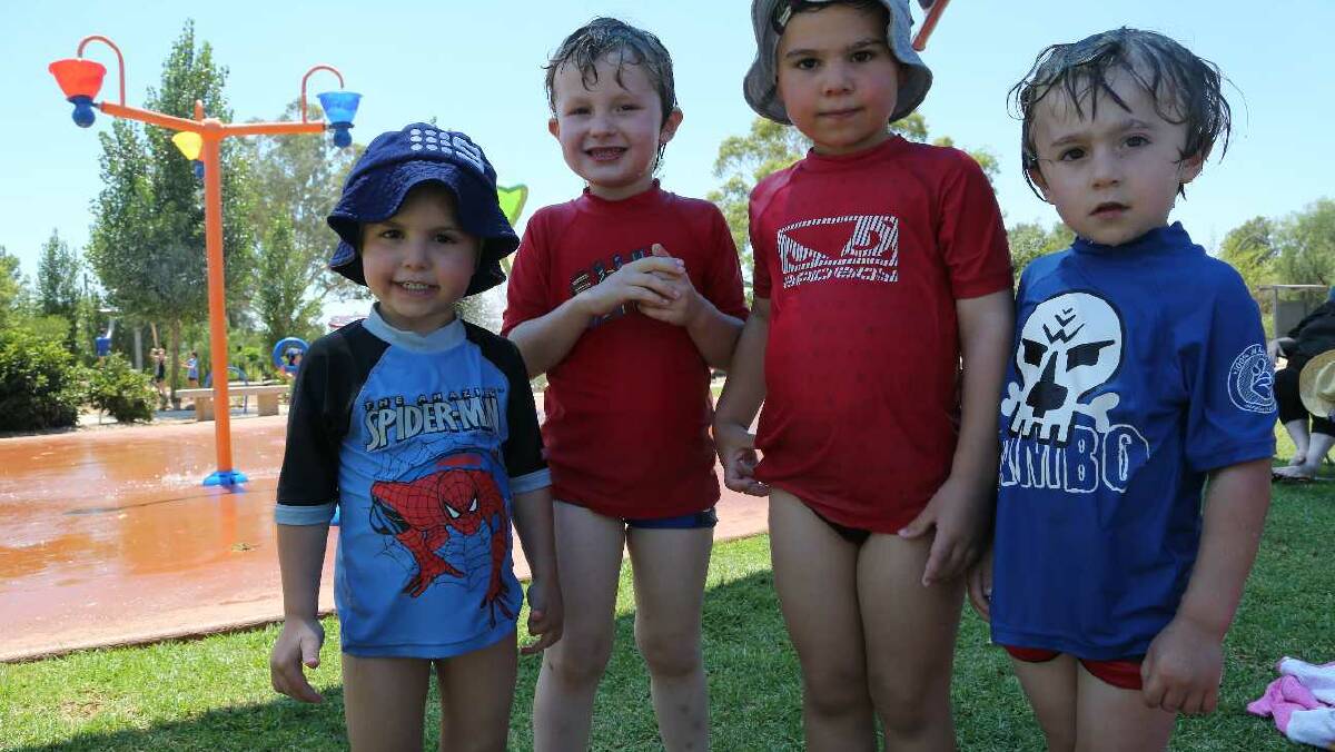 Manex Vasta, 4, Harry Morel, 5, Aleczandro Vasta, 5, and Charlie Morel, 3, at City Park in Griffith. Picture: Anthony Stipo