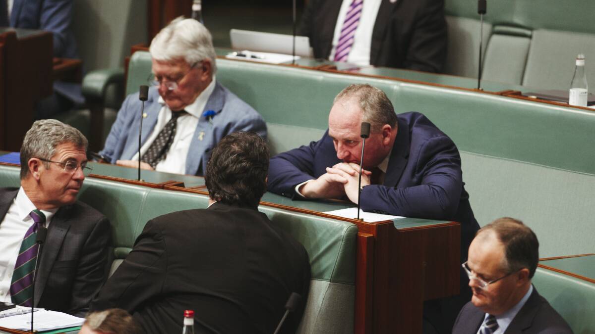 New Nationals leader Barnaby Joyce sits on the backbench with colleagues during question time on Monday, after deposing Deputy Prime Minister Michael McCormack in the morning. Picture: Dion Georgopoulos