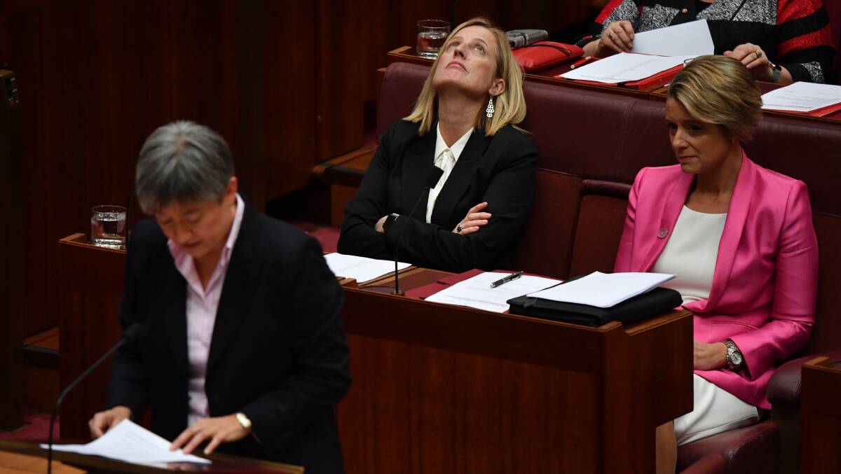 Senators Penny Wong, Katy Gallagher and Kristina Keneally have been the subject of frenzied Murdoch press coverage since the death of Kimberley Kitching. Picture: AAP