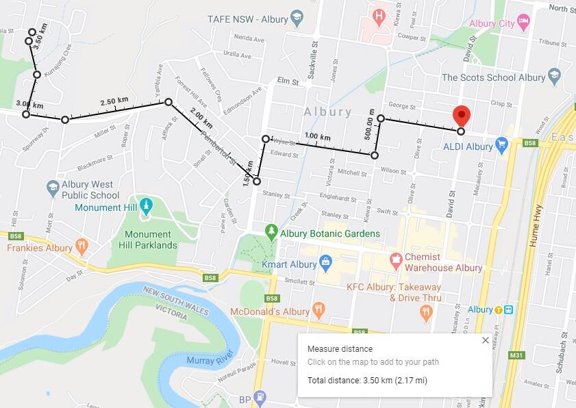 The route taken through Albury by the 44-year-old drink driver in his smashed utility. 
