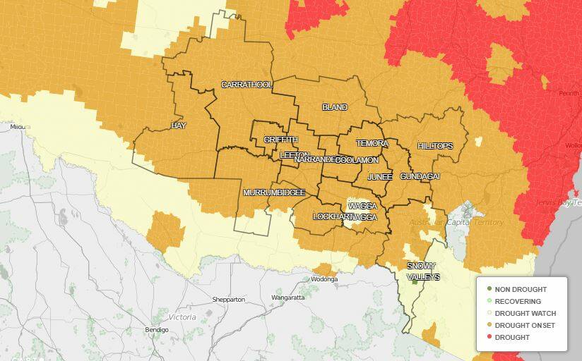The NSW government's latest drought mapping shows all of the Riverina in drought onset or drought watch. Source: NSW Department of Primary Industries. Click on the image to view the interactive map.