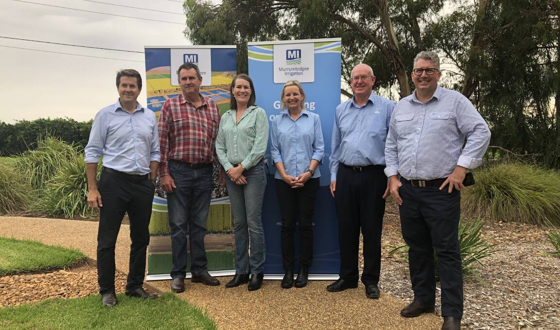 SAVINGS SHARED: NSW water minister Kevin Anderson, Murrumbidgee Irrigation chairman Hayden Cudmore, Nationals Senator Perin Davey, Member for Farrer Sussan Ley, MI CEO Brett Jones and federal water minister Keith Pitt outside MI on Monday. PHOTO: Declan Rurenga