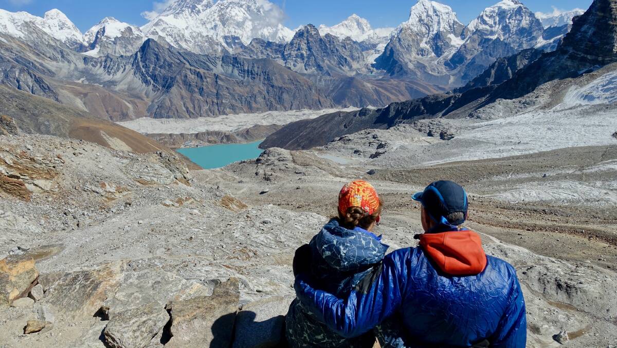 Anna and Matthew Ross enjoying the view of Everest from Renjo La. PHOTO: Anna and Matthew Ross
